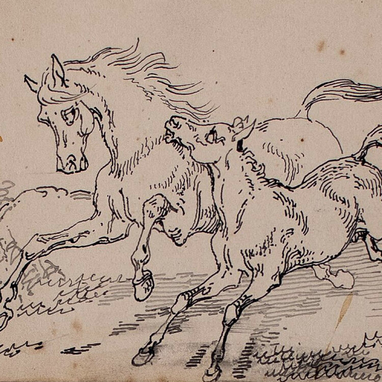 Joseph Simon Volmar - Pferd mit Fohlen - Tuschezeichnung - 1853