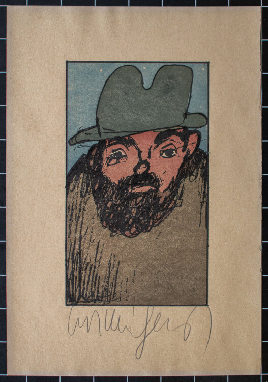 Kurt Mühlenhaupt - Selbstbildnis mit grünem Hut - o.J. - Farblinolschnitt auf getöntem Papier