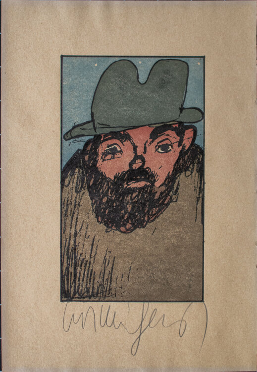 Kurt Mühlenhaupt - Selbstbildnis mit grünem Hut - o.J. - Farblinolschnitt auf getöntem Papier