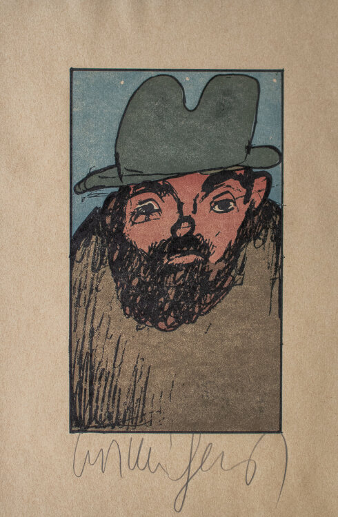 Kurt Mühlenhaupt - Selbstbildnis mit grünem Hut - o.J. - Farblinolschnitt auf getöntem Papier