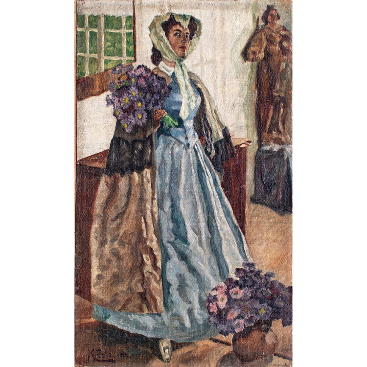 K. Fizia - Frauenporträt mit Blumenstrauß - 1914 - Öl auf Leinwand auf Mappe montiert