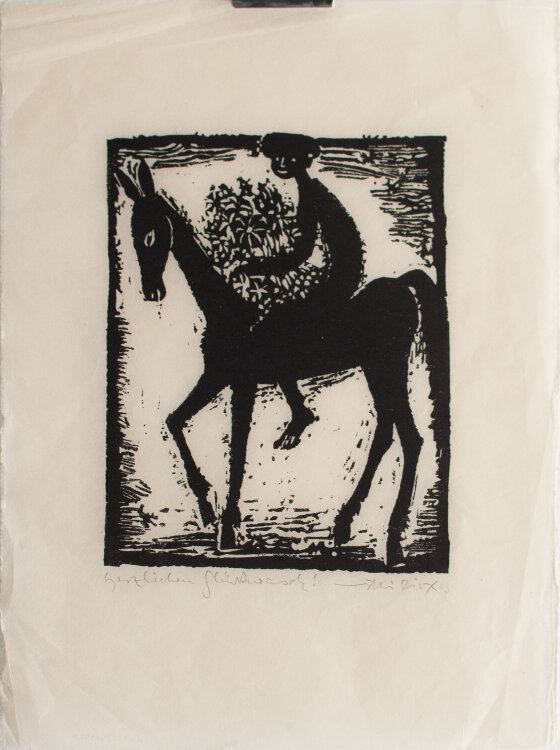 Willi Dirx - Orientale mit Blumenbouquet auf einem Esel - 1963 - Holzschnitt