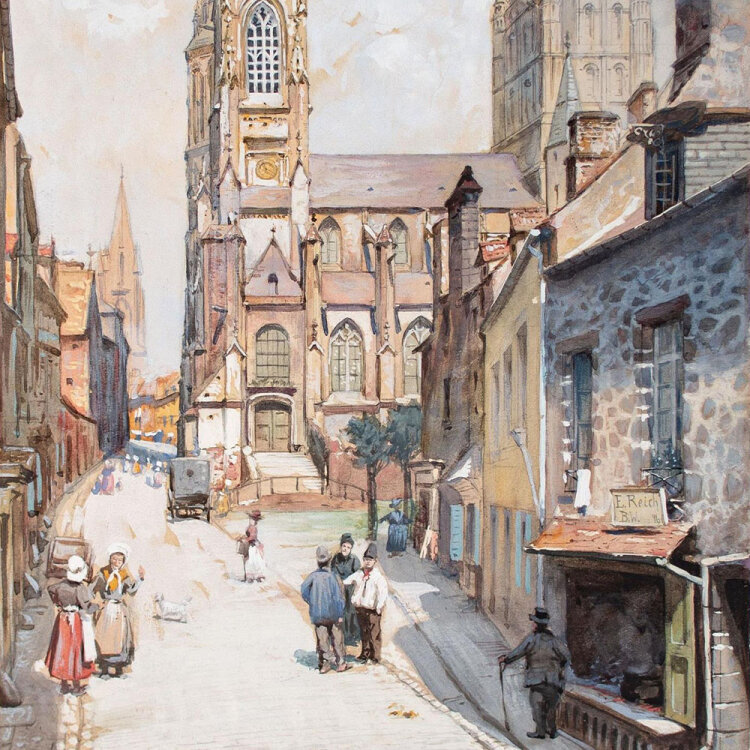 unbekannt niederländisch? - Belebte Straßenszene - 1896 - Gouache auf Papier und Malkarton