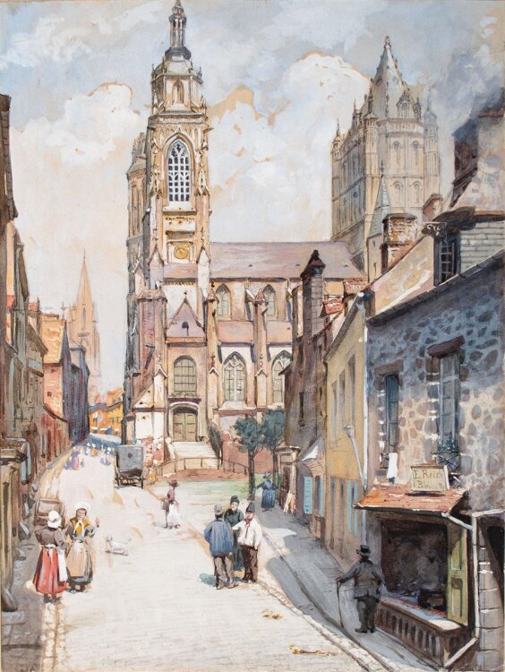 unbekannt niederländisch? - Belebte Straßenszene - 1896 - Gouache auf Papier und Malkarton