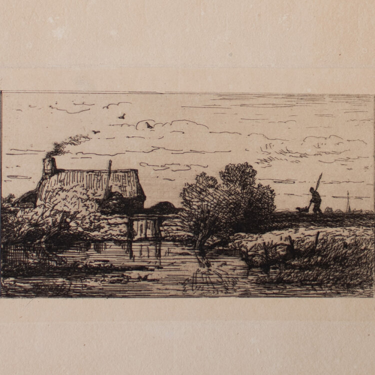 Willem Roelofs - Feldweg mit Bäuerin/ Feldlandschaft mit Weiher - o. J. - Radierung