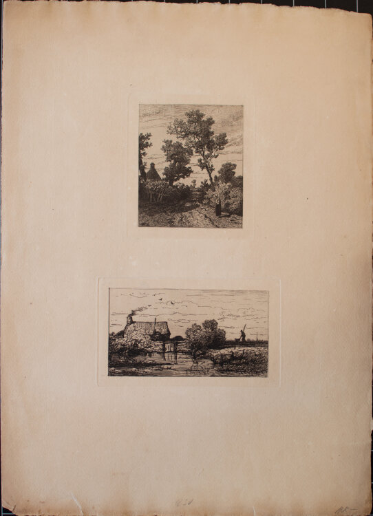 Willem Roelofs - Feldweg mit Bäuerin/ Feldlandschaft mit Weiher - o. J. - Radierung