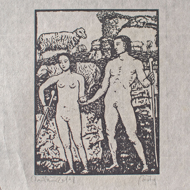 Walter Teutsch - Schäfer mit Hirtenstäben - o.J. - Holzschnitt auf feinem chamoisfarbenem Japan