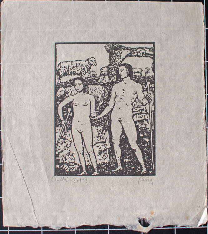 Walter Teutsch - Schäfer mit Hirtenstäben - o.J. - Holzschnitt auf feinem chamoisfarbenem Japan