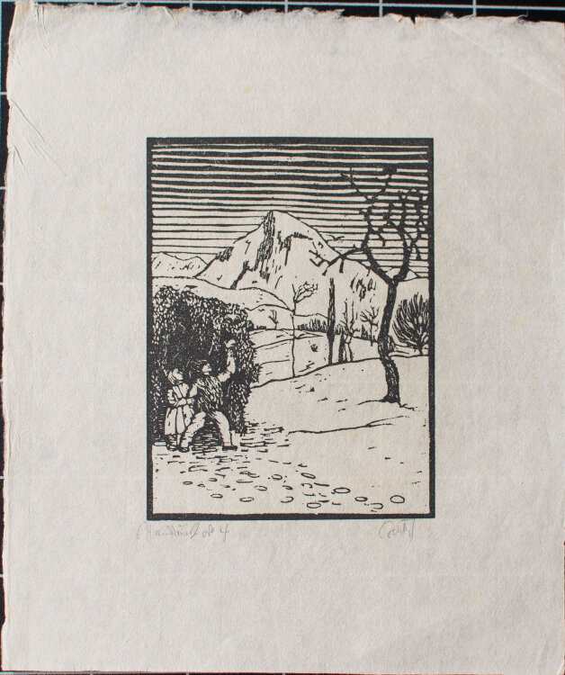 Walter Teutsch - Verschneite Landschaft - o.J. - Holzschnitt auf feinem chamoisfarbenem Japan