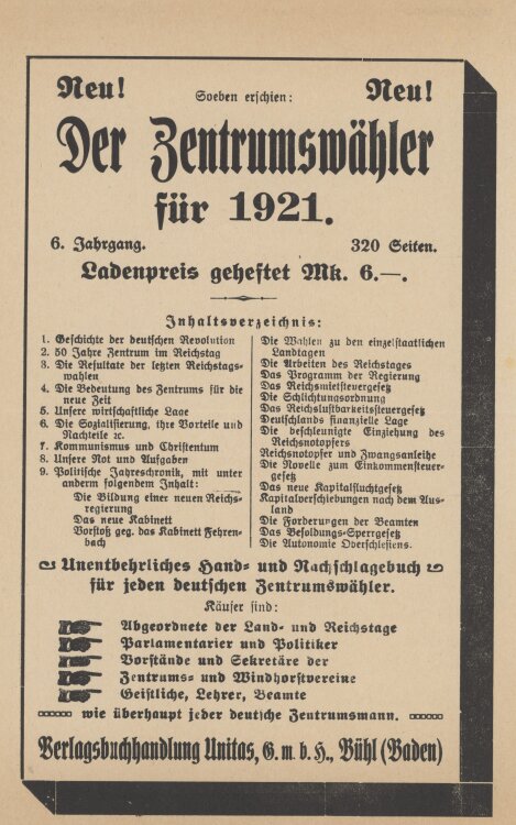 Verlagsbuchhandlung Unitas GmbH - Werbung - 1921