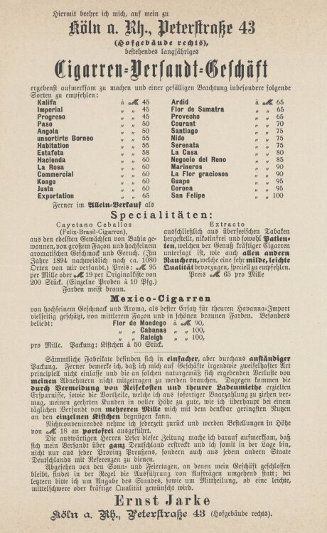 Ernst Jarke Cigarren-Versandt-Geschäft - Werbung -...