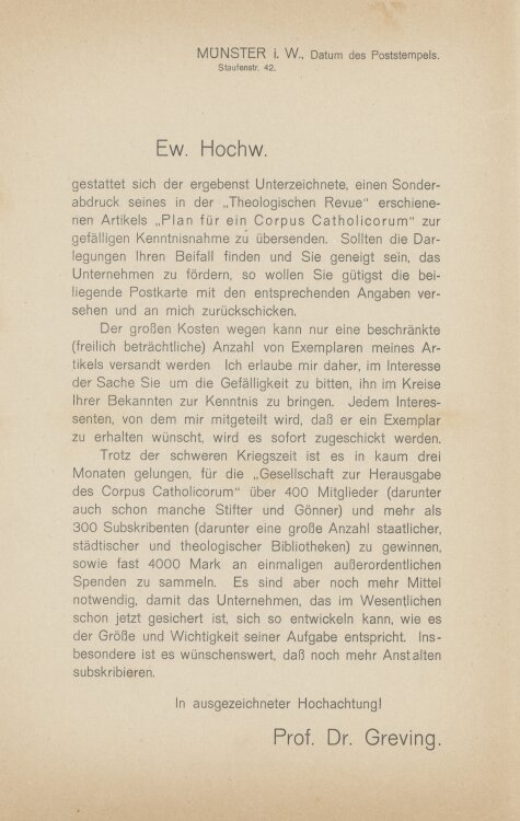 Gesellschaft zur Herausgabe des Corpus Catholicorum - Spendenaufruf - ohne Jahr