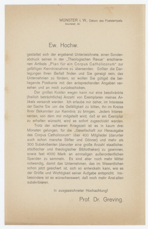 Gesellschaft zur Herausgabe des Corpus Catholicorum - Spendenaufruf - ohne Jahr
