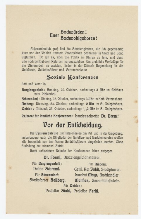 Diözese Regensburg - Ankündigung - ohne Jahr