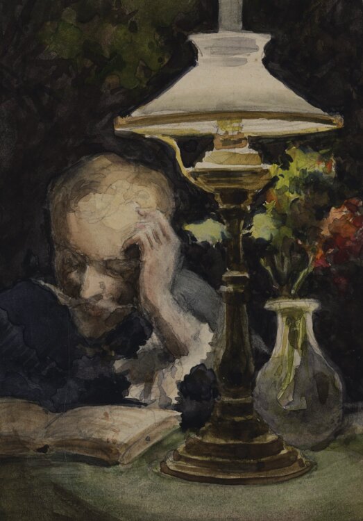 Unbekannt - Lesender mit Lampe - o. J. - Aquarell über Bleistift