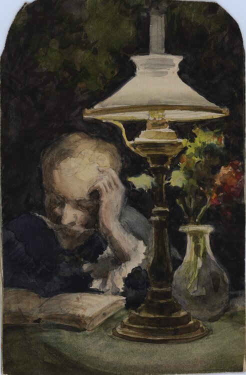 Unbekannt - Lesender mit Lampe - o. J. - Aquarell über Bleistift