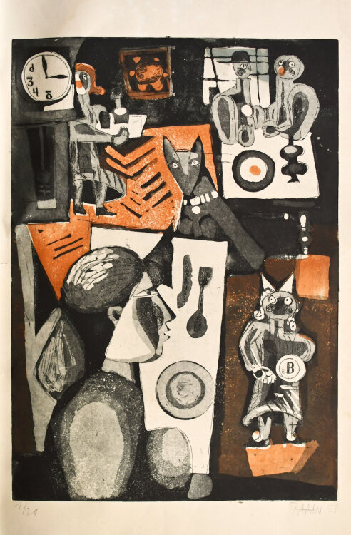 Paran G´Schrey - ohne Titel (Restaurantszene) - 1955 - Farbradierung mit Aquatinta auf kräftigem Papier