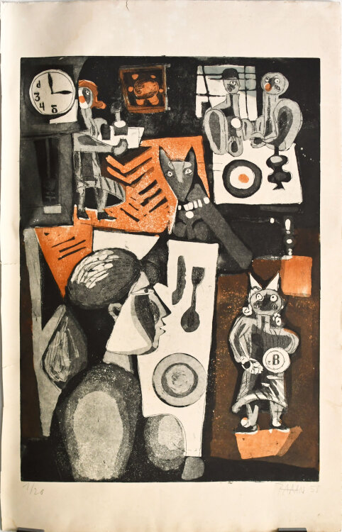 Paran G´Schrey - ohne Titel (Restaurantszene) - 1955 - Farbradierung mit Aquatinta auf kräftigem Papier