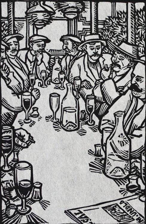 Max Unold - Biergartenszene - 1913 - Holzschnitt