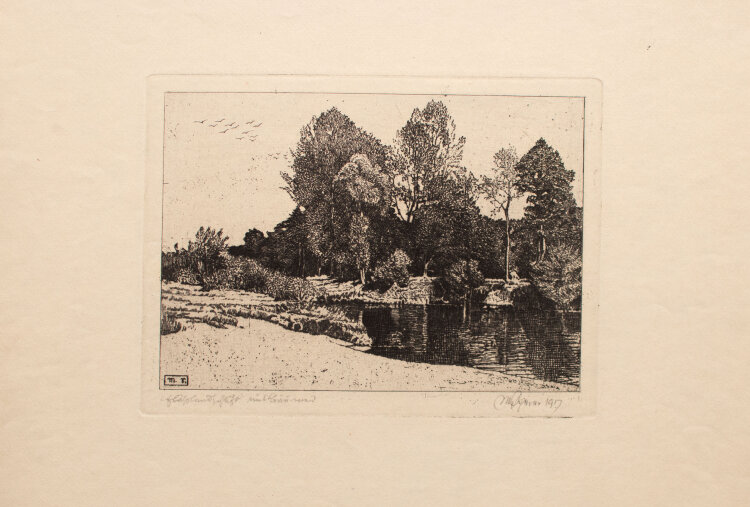 Max von Scherer - Flusslandschaft mit Bäumen - 1917 - Radierung