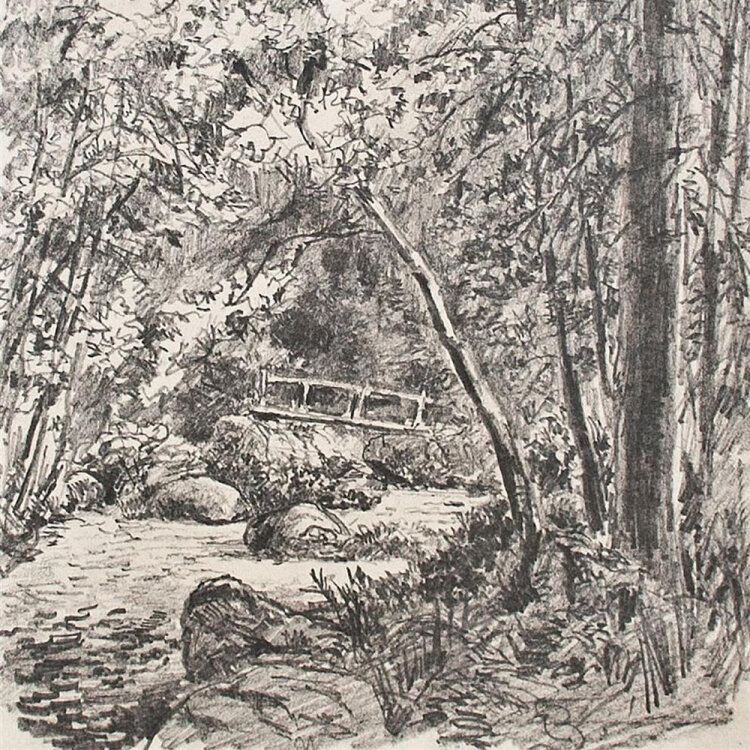 Emil Zeising - Flußtal mit Holzbrücke - undatiert - Bleistiftzeichnung