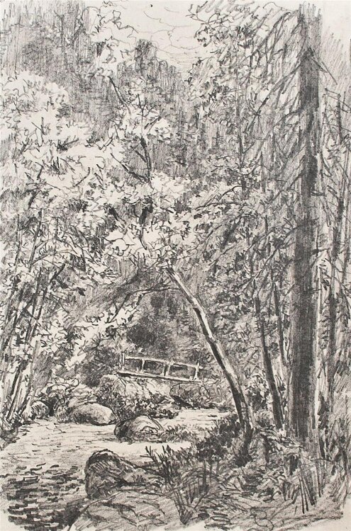 Emil Zeising - Flußtal mit Holzbrücke - undatiert - Bleistiftzeichnung