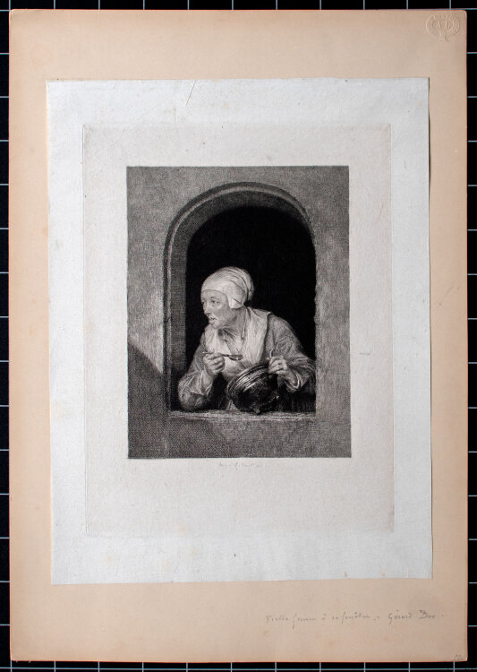 Daniel Mordant - Vieille femme a sa fenetre - o.J. - Kaltnadelradierung auf Chinapapier auf Bristol-Karton mit Blindstempel montiert