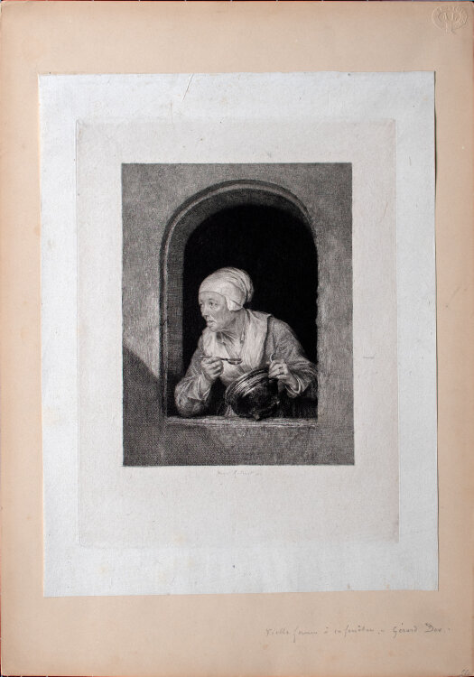 Daniel Mordant - Vieille femme a sa fenetre - o.J. - Kaltnadelradierung auf Chinapapier auf Bristol-Karton mit Blindstempel montiert