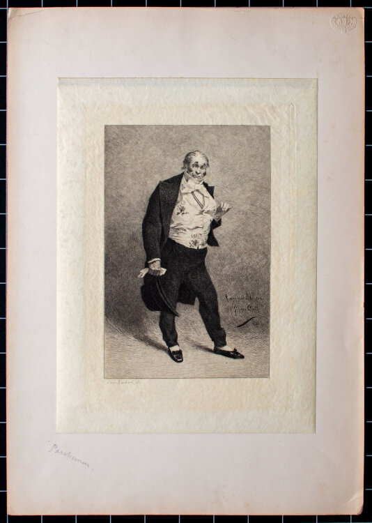 Léon Gaucherel - Bildnis von Lhéritier, genannt Romain Thomas - o.J. - Kaltnadelradierung auf chamoisfarbenem Pergament auf Bristol-Karton mit Blindstempel montiert