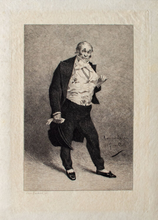 Léon Gaucherel - Bildnis von Lhéritier, genannt Romain Thomas - o.J. - Kaltnadelradierung auf chamoisfarbenem Pergament auf Bristol-Karton mit Blindstempel montiert