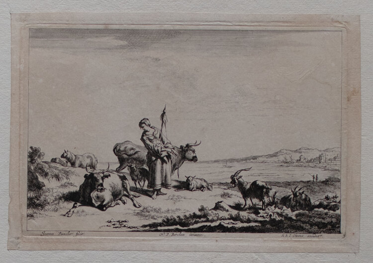 Jan de (Johannes) Visscher - Hirtenszene in weiter Landschaft - o.J. - Radierung auf geripptem Papier