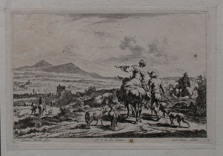 Jan de (Johannes) Visscher - Hirtenszene in weiter Landschaft - o.J. - Radierung auf geripptem Papier