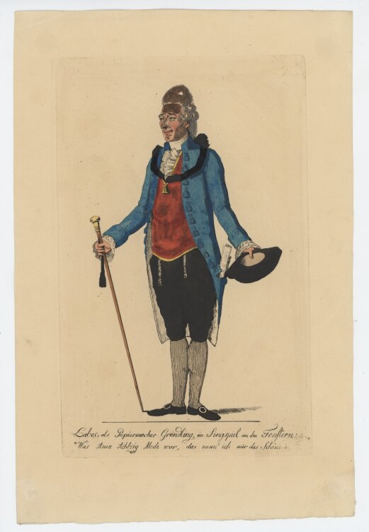 Ludwig Wilhelm Wittich - Labes, als Papiermacher Gründling, im Singspiel an den Fenstern - 1812 - Handkolorierte Radierung