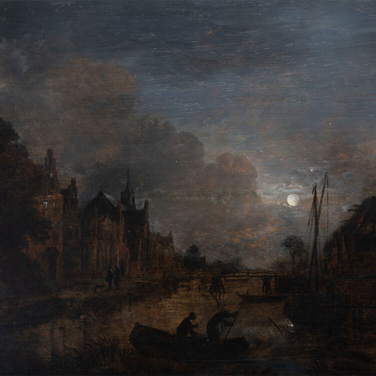 Umkreis Aert van der Neer - Flusslandschaft im Mondschein - undatiert - Öl auf Holz auf Holztafel
