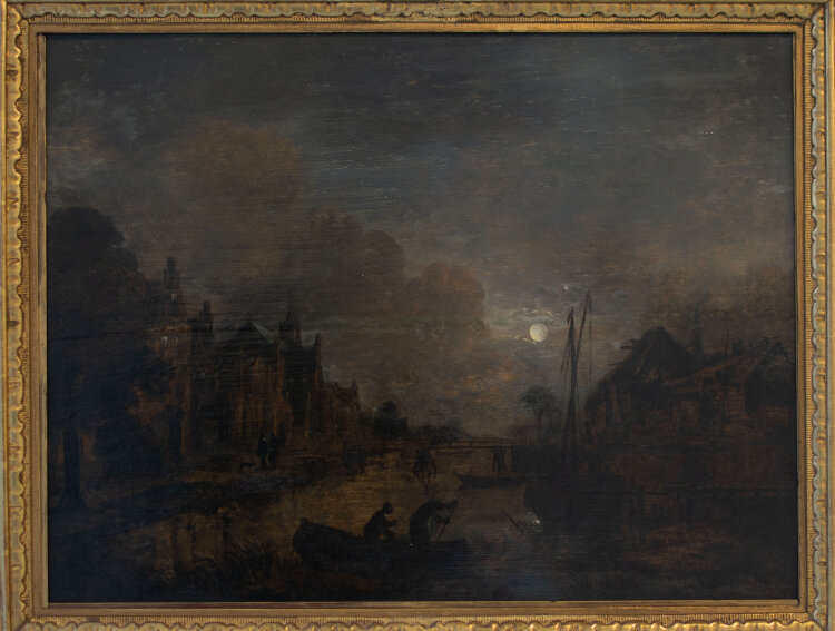Umkreis Aert van der Neer - Flusslandschaft im Mondschein - undatiert - Öl auf Holz auf Holztafel