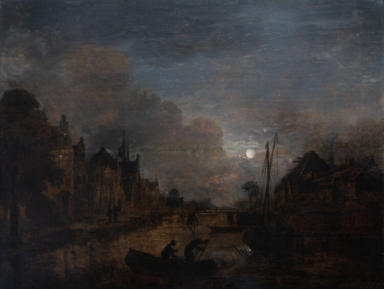 Umkreis Aert van der Neer - Flusslandschaft im Mondschein - undatiert - Öl auf Holz auf Holztafel