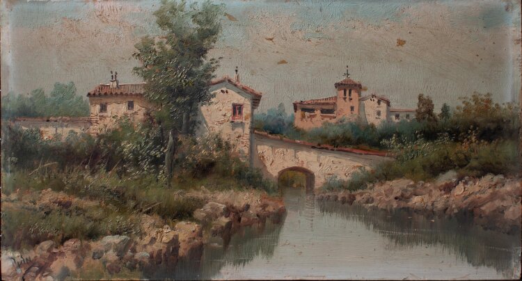 Émile Brin - Flusslandschaft mit Anglern - undatiert - Öl