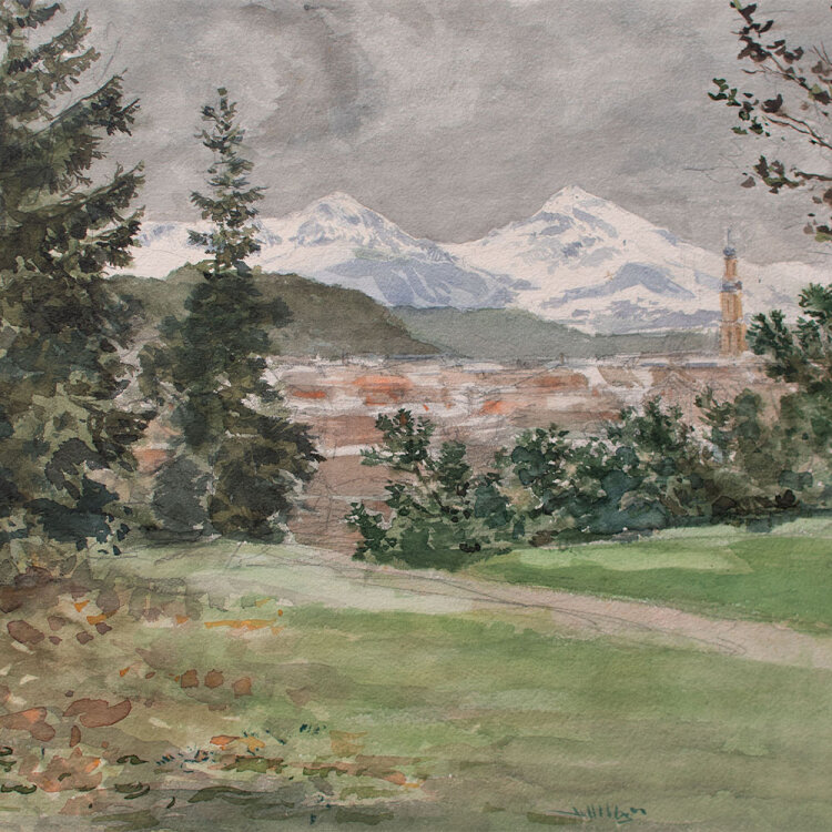 Unbekannt - Stadtansicht vor Bergen - undatiert - Aquarell über Bleistift