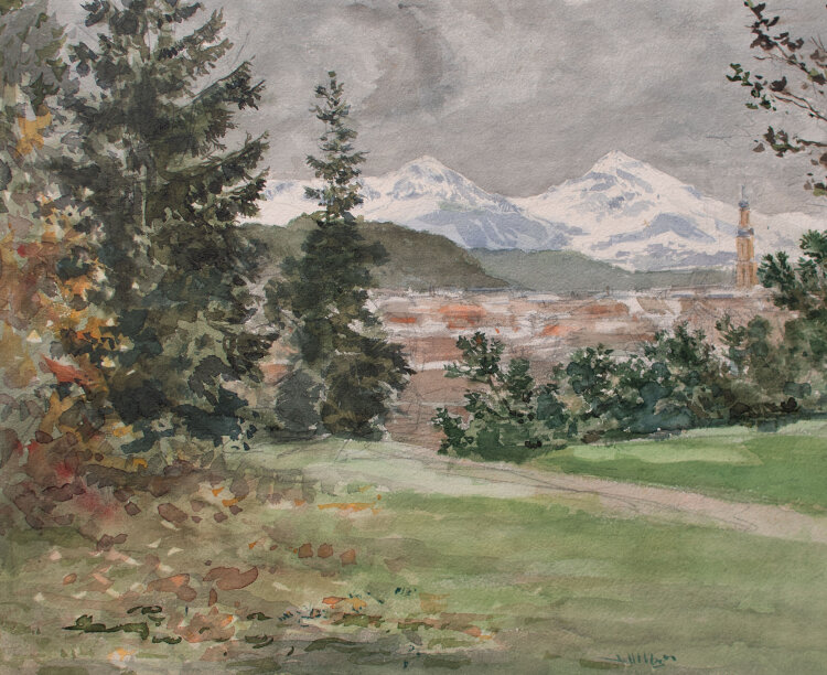 Unbekannt - Stadtansicht vor Bergen - undatiert - Aquarell über Bleistift