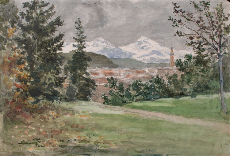 Unbekannt - Stadtansicht vor Bergen - undatiert - Aquarell über Bleistift