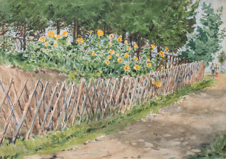 Unbekannt - Garten mit Sonnenblumen - o. J. - Aquarell