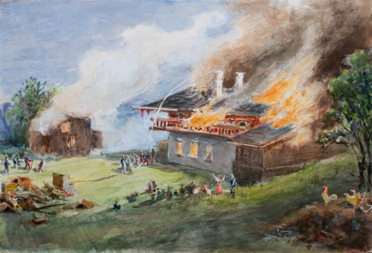 unbekannt - Brennendes Gehöft - o. J. - Aquarell