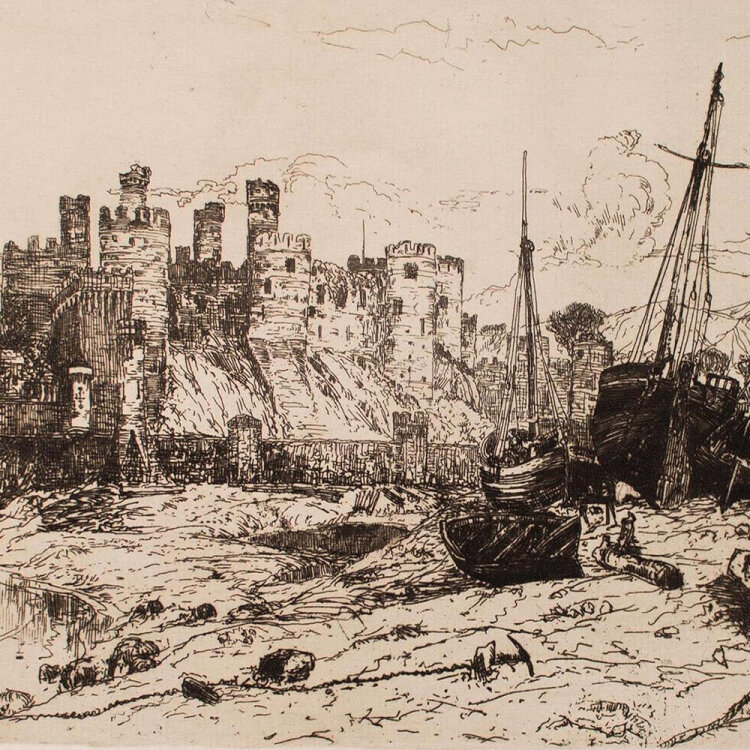 Mary Nimmo Moran - Fischerboote vor Burg - um 1900 - Radierung