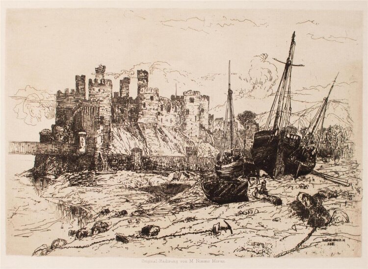 Mary Nimmo Moran - Fischerboote vor Burg - um 1900 - Radierung