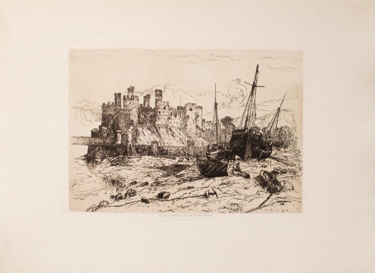 Mary Nimmo Moran - Fischerboote vor Burg - um 1900 - Radierung