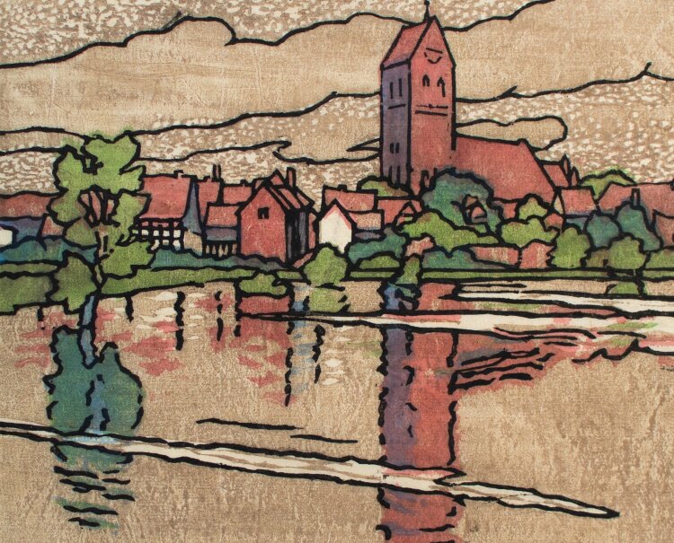 Hedwig Ostman von der Leye - Stadtansicht mit Fluss - unfatiert - Farbholzschnitt