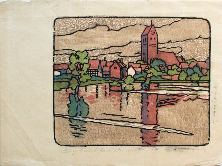 Hedwig Ostman von der Leye - Stadtansicht mit Fluss - unfatiert - Farbholzschnitt