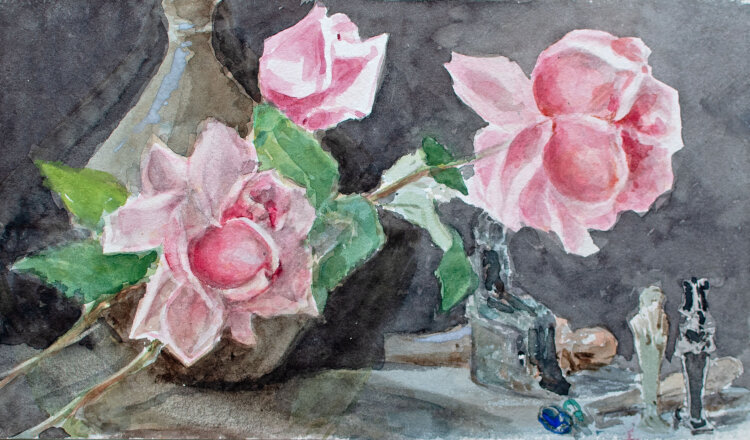 Unbekannt - Stillleben mit Rosen und ägyptischen Figuren - undatiert - Aquarell über Bleistift