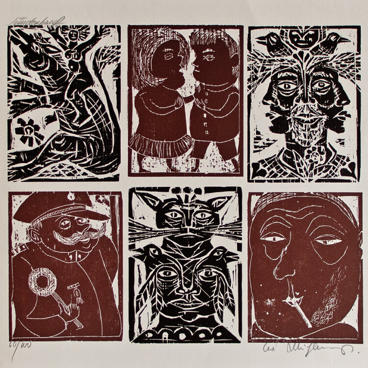 Kurt Mühlenhaupt und Hans Sünderhauf - 2 Kreuzberger Künstler - 1975 - Holzschnitt in Braun und Schwarz