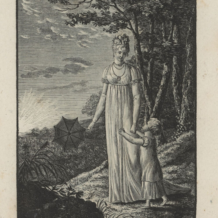 Friedrich Wilhelm Gubitz - Mutter und Kind im Wald - undatiert - Holzstich in Blaugrau und Schwarz